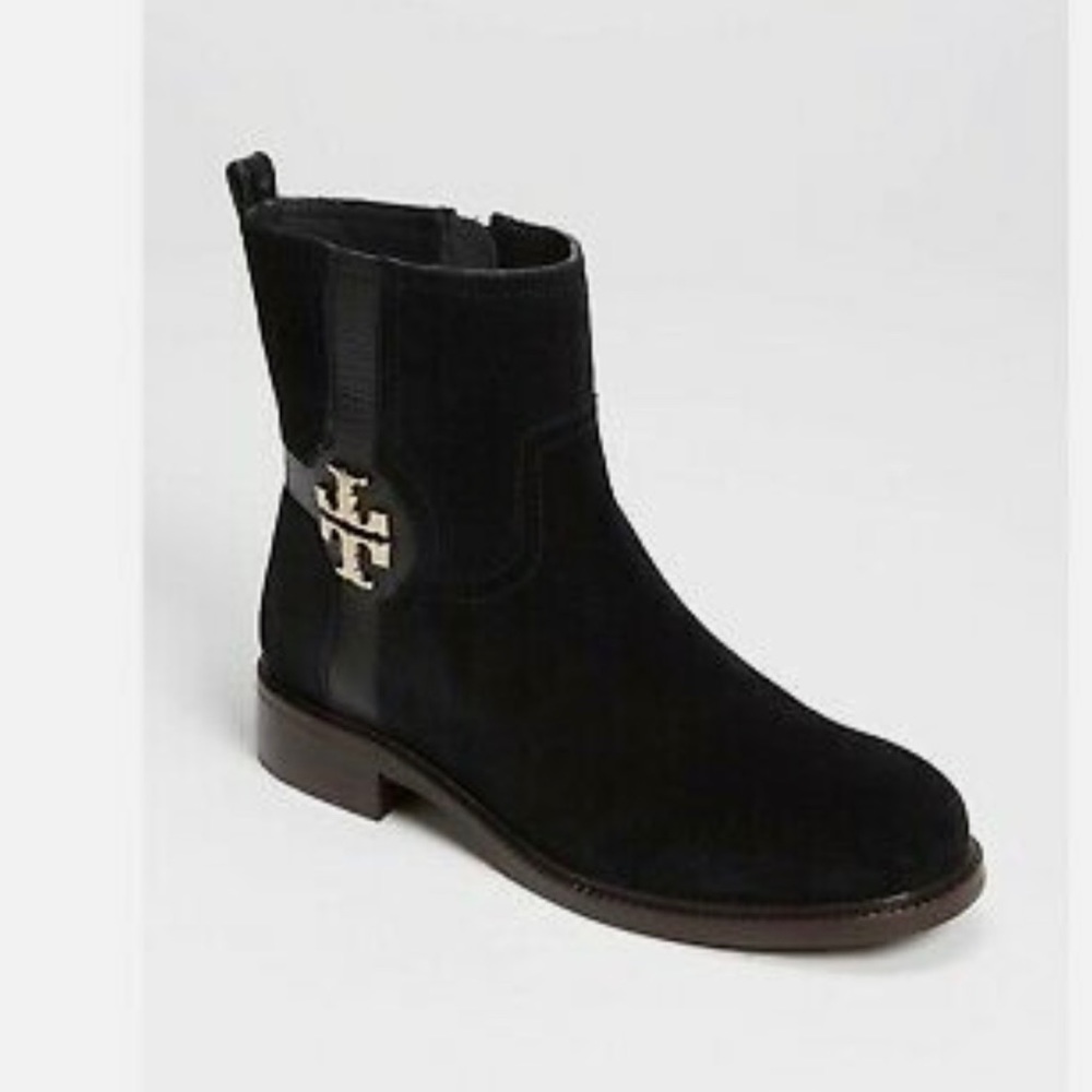 Tory Burch Black Alaina Logo Flat Bootie Split Suede